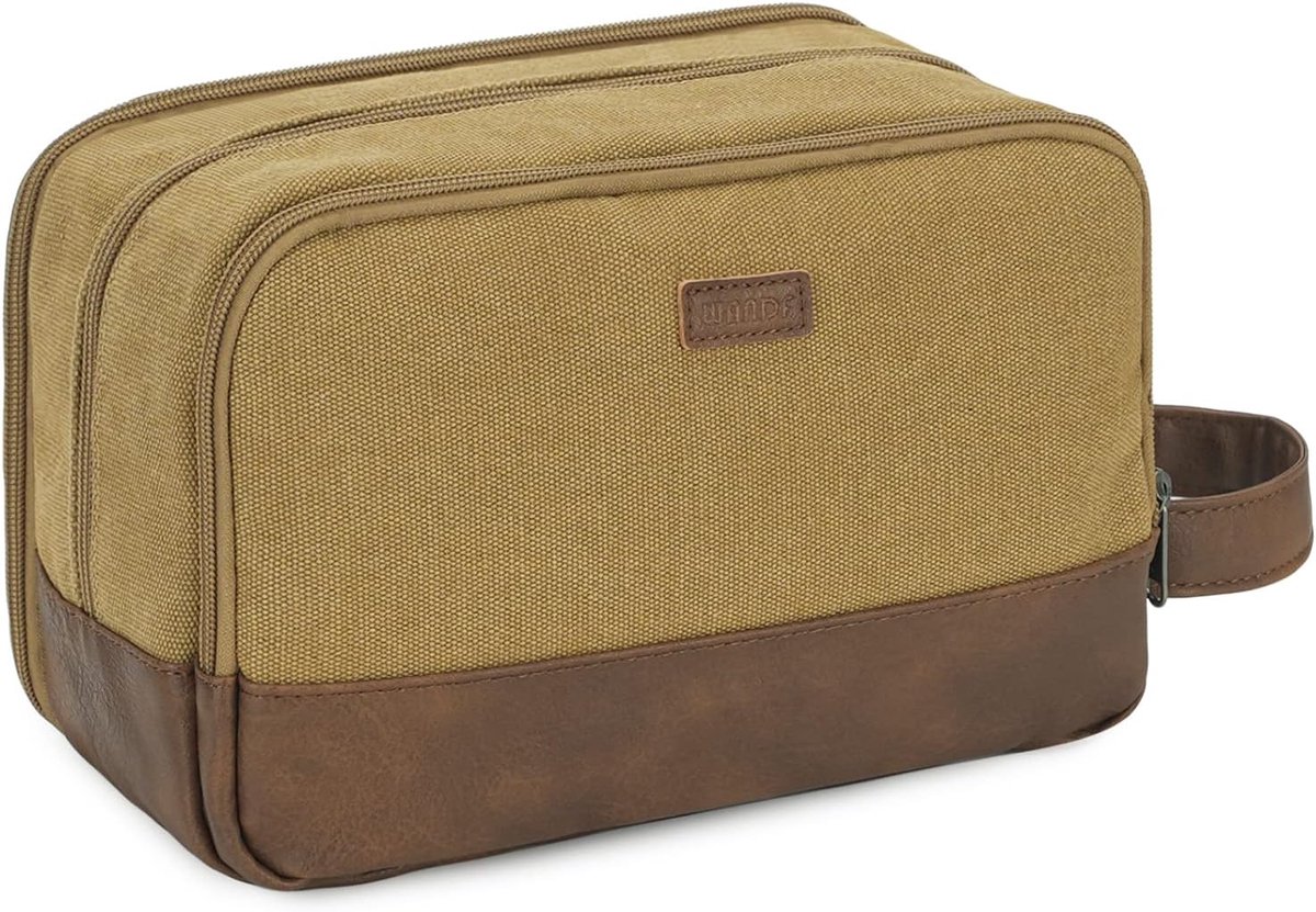 Thijox - WANDF Toilettas Heren - Reistoilettas Canvas Dopp-set - Waterafstotende Vegan Lederen Tas voor Scheergerei en Toiletartikelen - Kaki