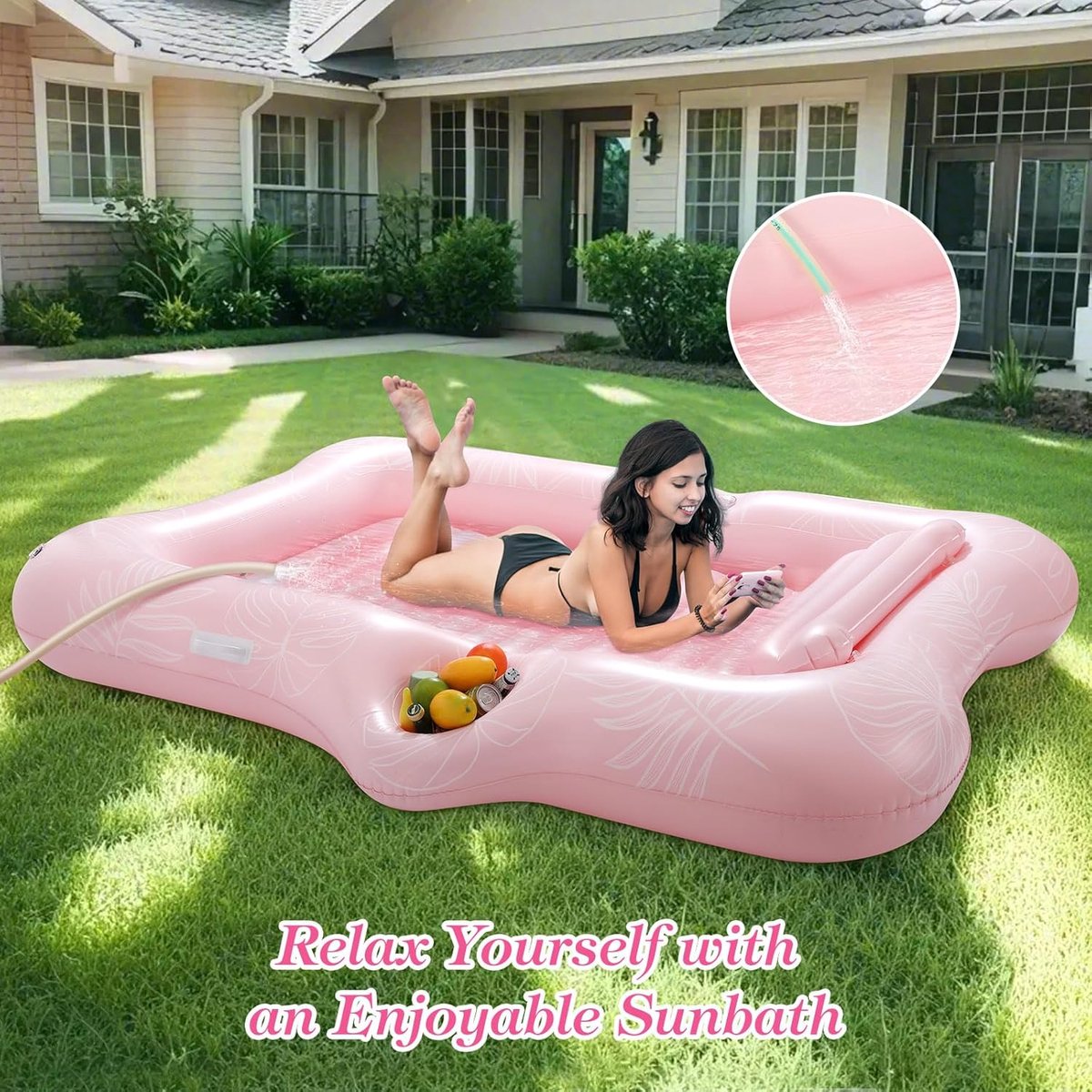 Thijox - Grote Inflatable Pool Float 84" x 58" met Ice Bar en Drinkhouder - Tanning Bed voor Volwassenen, Roze Bladeren, Perfect voor Feest, Strand en
