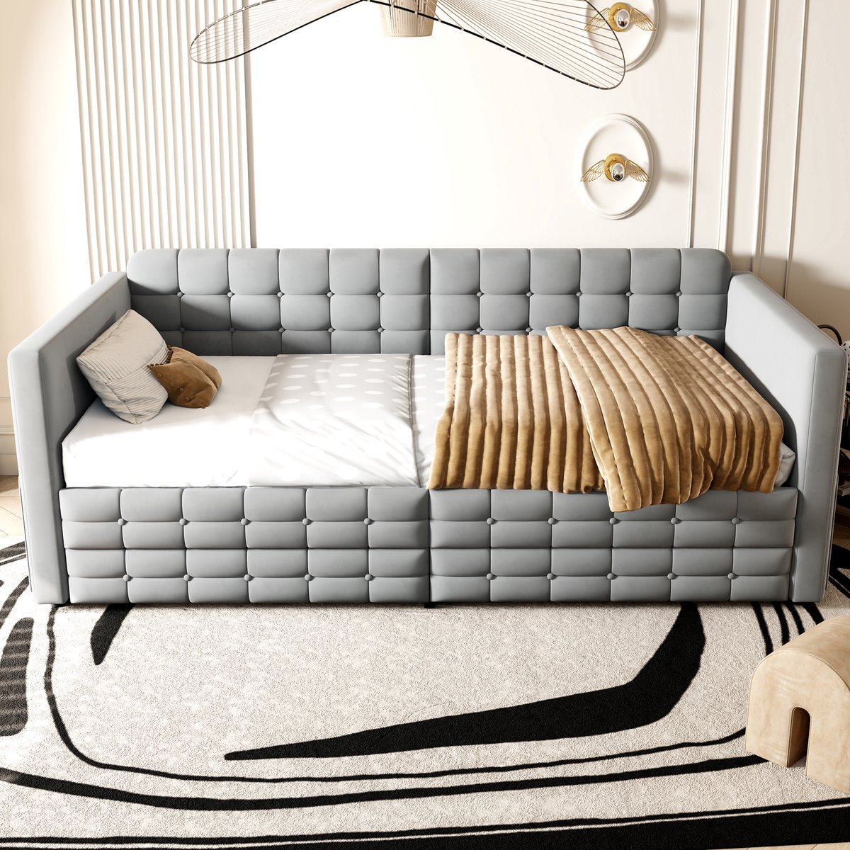 Slaapbank 90x190cm - ruitpatroon - met opbergruimte en twee lades - eenpersoonsbed - fluwelen stof - lichtgrijs - zonder matras