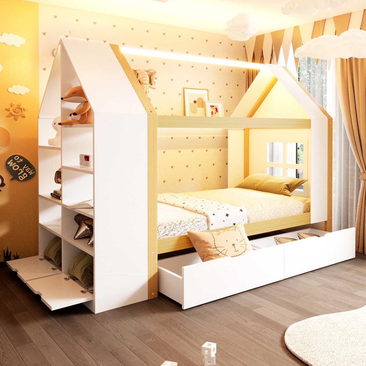 Kinderbed 90x200cm - huisvormig ontwerp - met twee laden - met LED-verlichting - met opbergruimte - wit en houtkleur - zonder matras