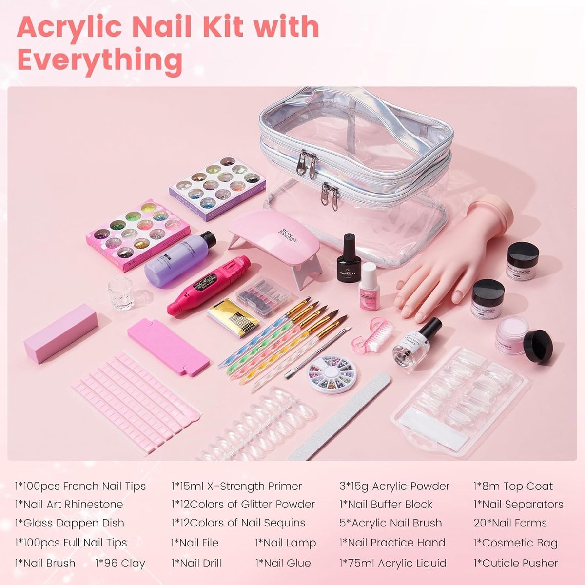 Acryl Nagelset voor Oefening: Compleet Manicure Set met UV Lamp, Elektrische Nagelboor en Valse Nageltips in Zilveren Cadeauzak thumbnail 5