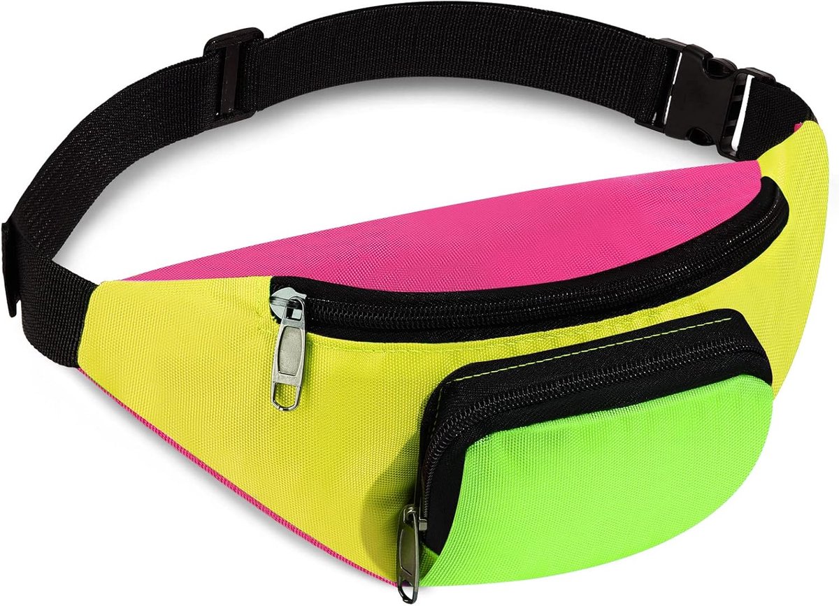 Thijox - Neon Retro Jaren 80 Heuptas met 2 Zakken, Verstelbare Tailleband, Multifunctionele Handsfree Heuptas voor Feest, Thema 80, Reizen, Duurzaam O