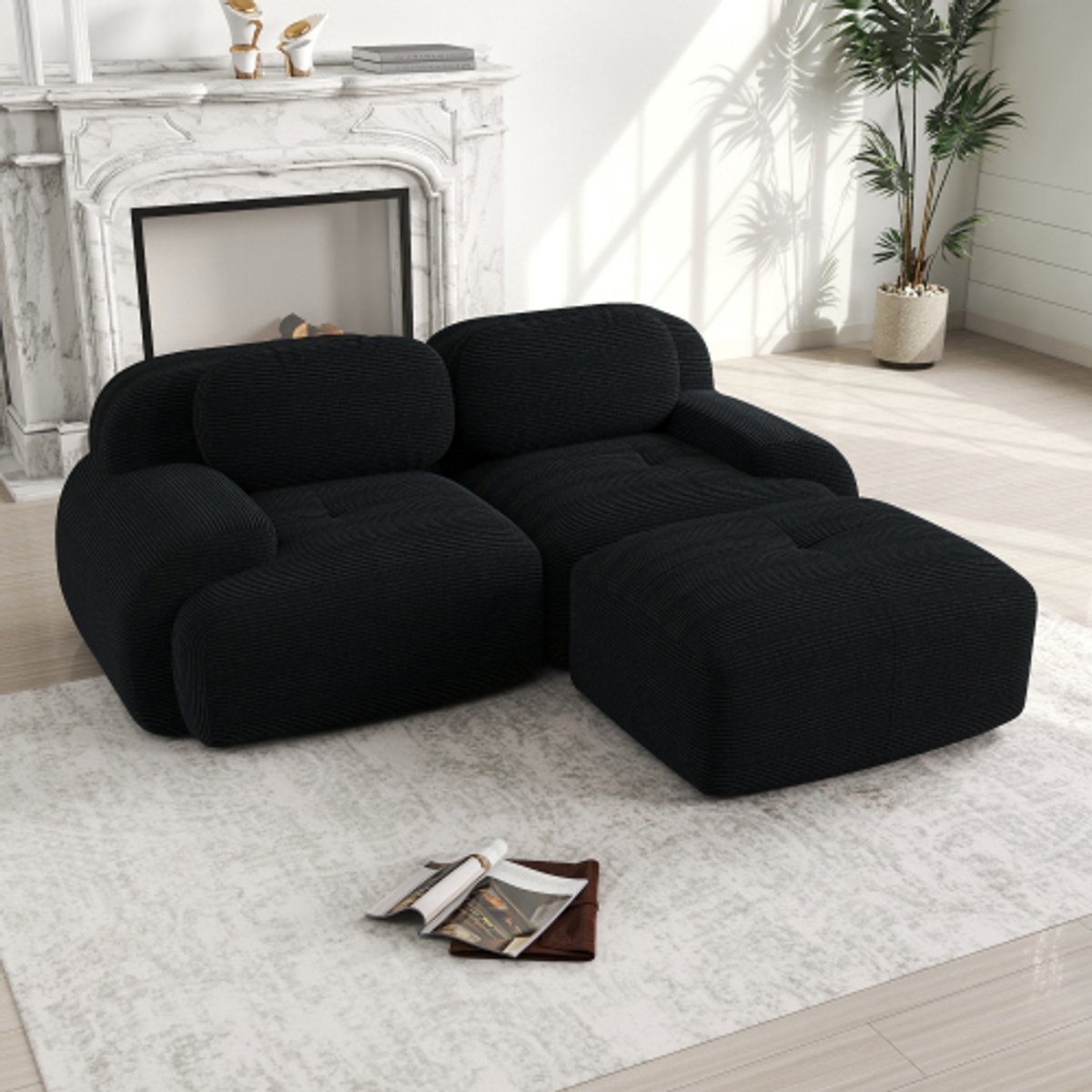 Hoekbank - Hoekbank van Zachte Corduroy – Bank Zonder Frame - Geen installatie Nodig - Comfortabele Zitzak Stoel – Beanbag voor Woonkamer en Slaapkamer - Zwart