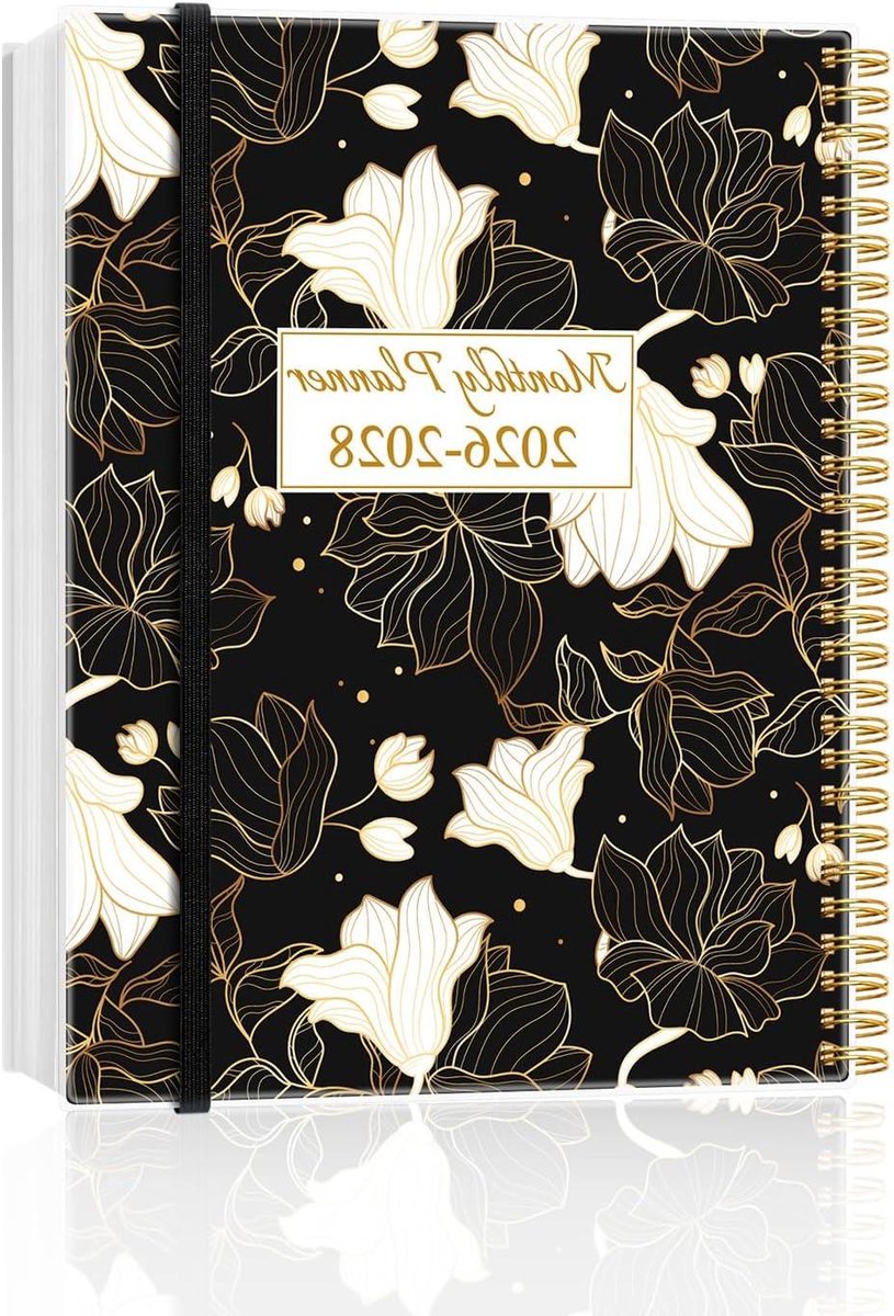 Maandplanner 2026-2028 - Drijarige Kalender - Planning Maken - Spiraalbinding Binnenzak - 85 x 11 Inch - Witgouden Bloem