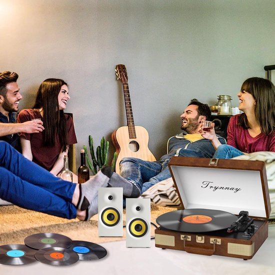 Platenspeler met Bluetooth - 3 Snelheden - Ingebouwde Speakers - Draagbare Koffer - Amandelkleurig — afbeelding 2