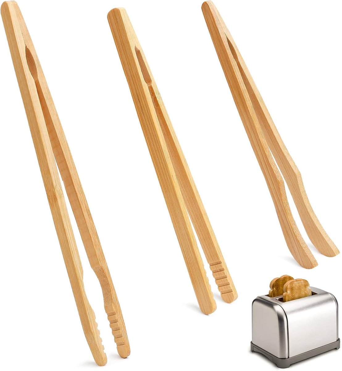 Bamboe Keukentangen - 3 Groottes - Hittebestendige Grilltangen voor Toast, Brood en Vlees - Herbruikbare Antislip Barbecue Tangen van 21 cm