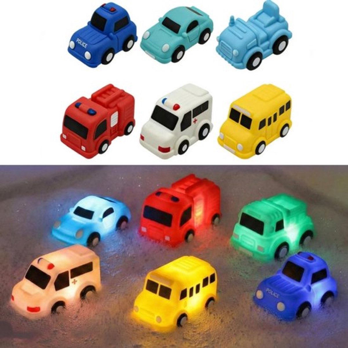 6 Stuks Lichtgevende Badspeelgoed Voertuigen met LED, Zonder Gaten Schimmelvrij Rubber Waterspeelgoed, Sensorisch Educatief Speelgoedauto’s voor Baby en Peuter van 1 tot 6 Jaar, Geschikt voor Bad, Douche en Zwembad