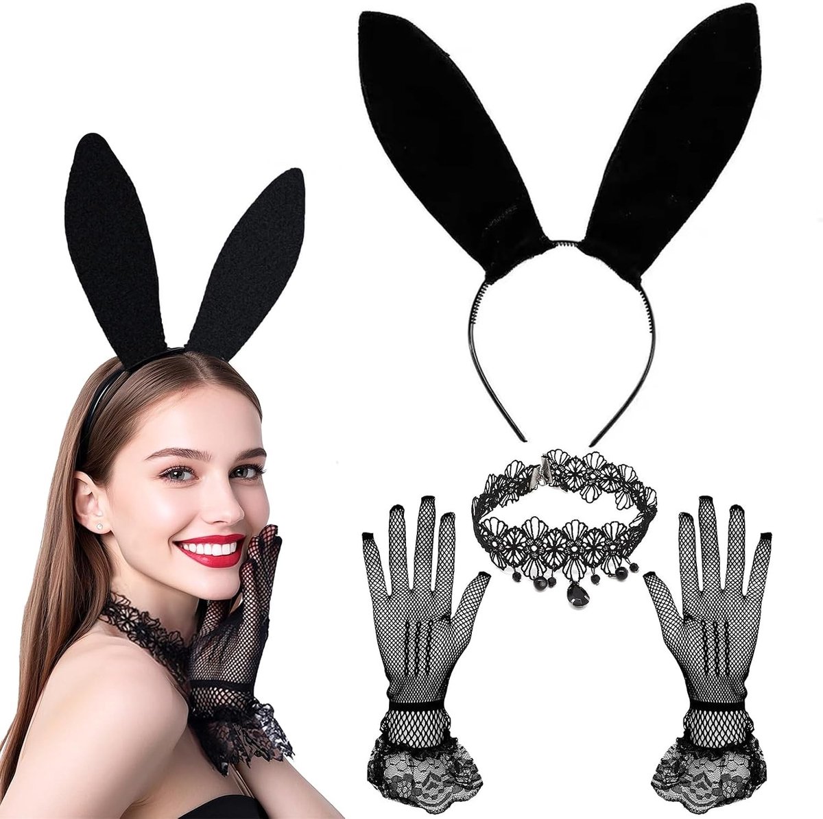 Sexy Konijnen Kostuum voor Vrouwen met Lange Oren, Peal Lace Ketting en Net Handschoenen voor Halloween en Carnaval Feestjes