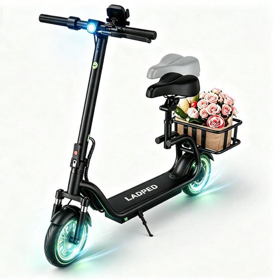 Zwarte LADPED elektrische step met zitje, mandje met roze bloemen en gloeiende groene wielen.