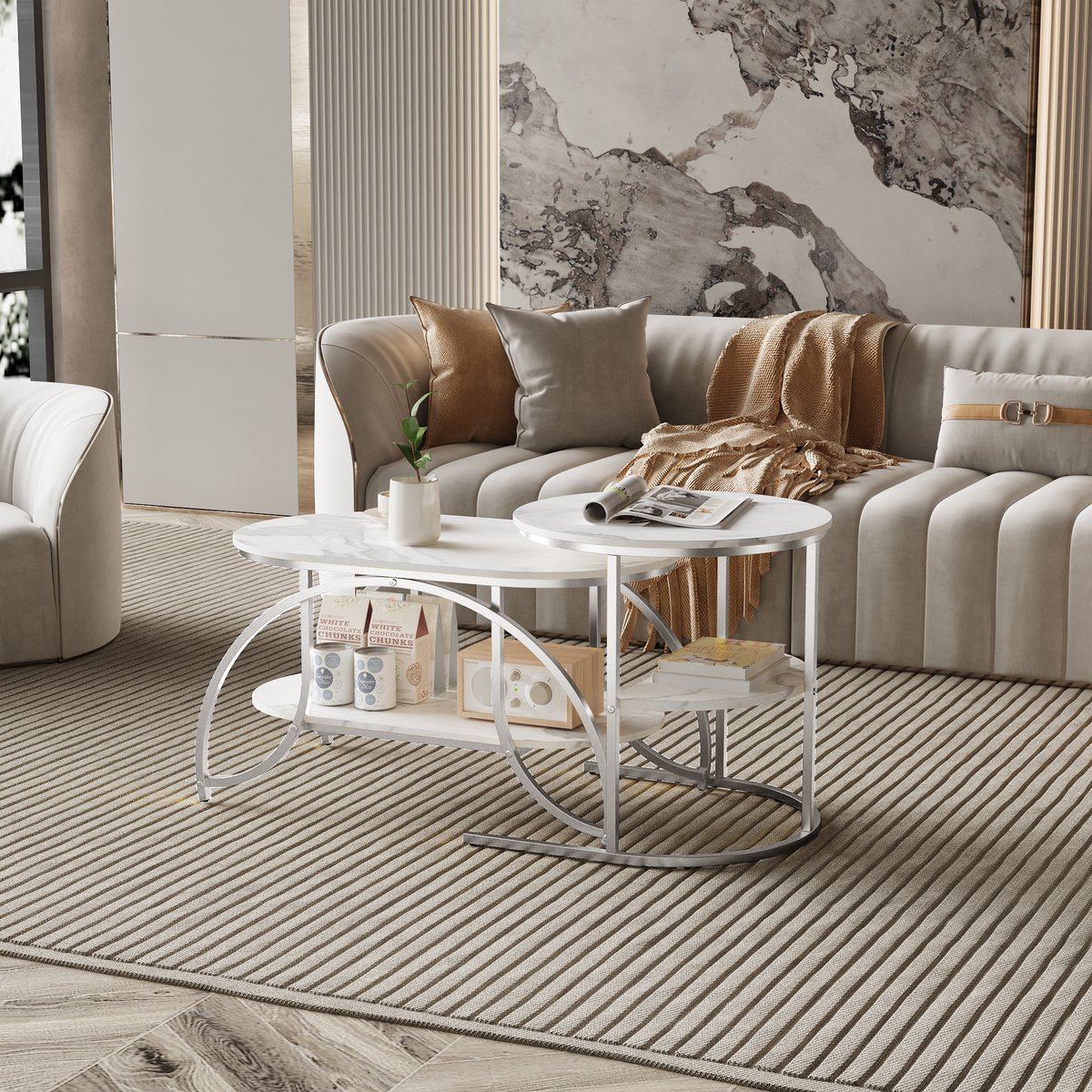 Salontafel set met nesttafels, moderne koffietafel en bijzettafel met marmerlook blad, metalen frame voor woonkamer, mdf wit en zilver