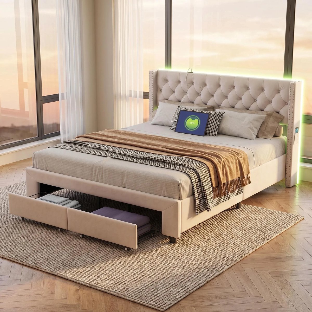 Gestoffeerd bed 180x200 cm met LED en USB, Tweepersoonsbed met opbergruimte en lattenbodem, Opbergbed met 2 laden, Fluweel Beige, Zonder Matras