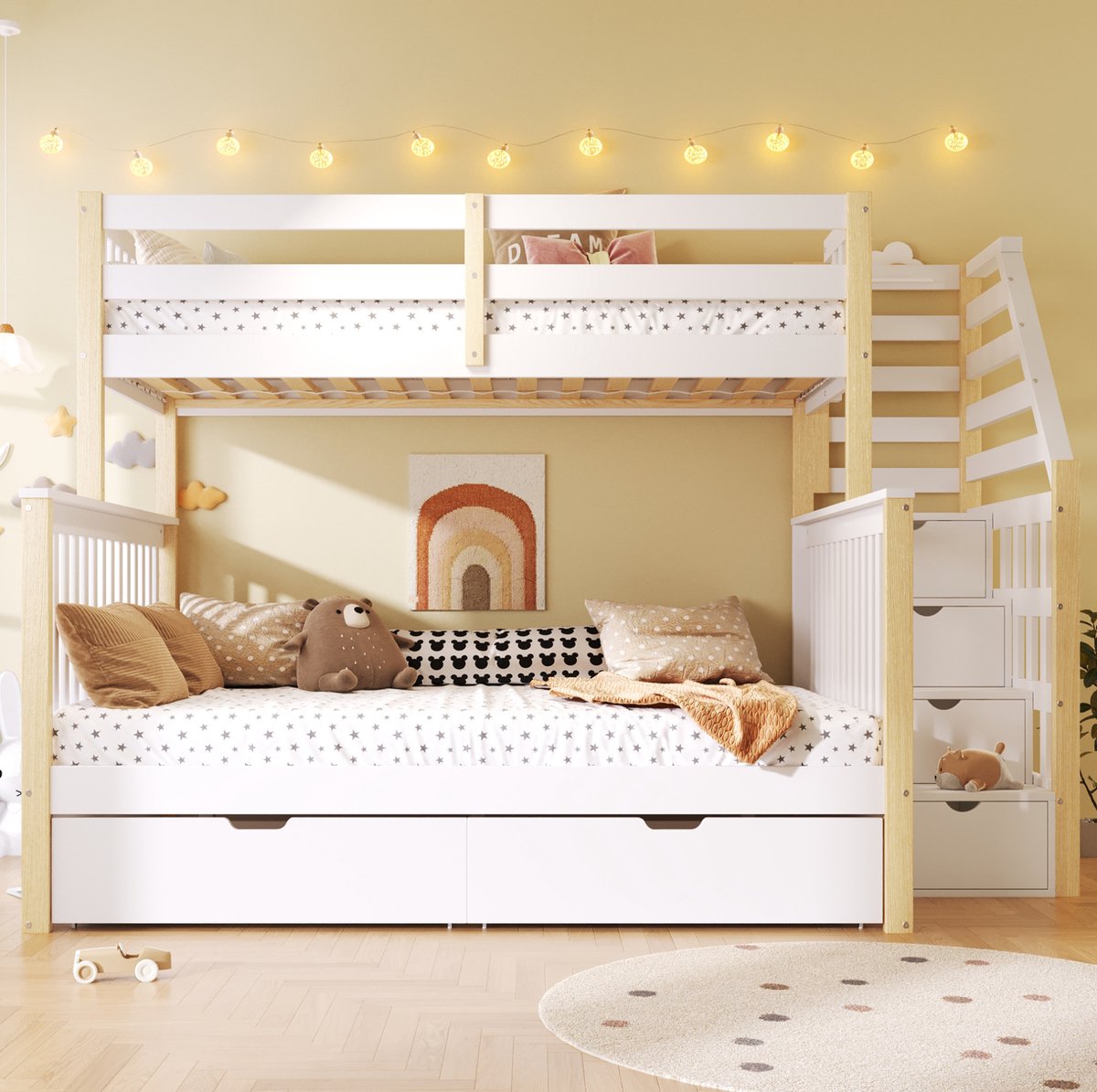 DESMIU Stapelbed 90x200 cm over 140x200 cm - Met Lades en Trap - Opbergruimte - Uitvalbeveiliging - Hout en MDF - Zonder Matras - Wit Naturel