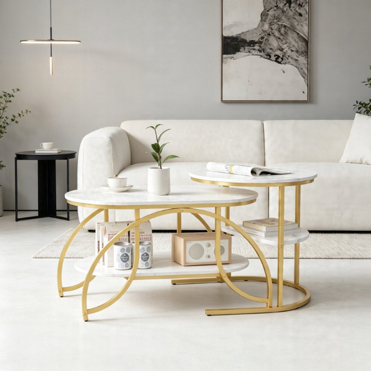 Salontafel set met nesttafels, moderne koffietafel en bijzettafel met marmerlook blad, metalen frame voor woonkamer, mdf wit en goud