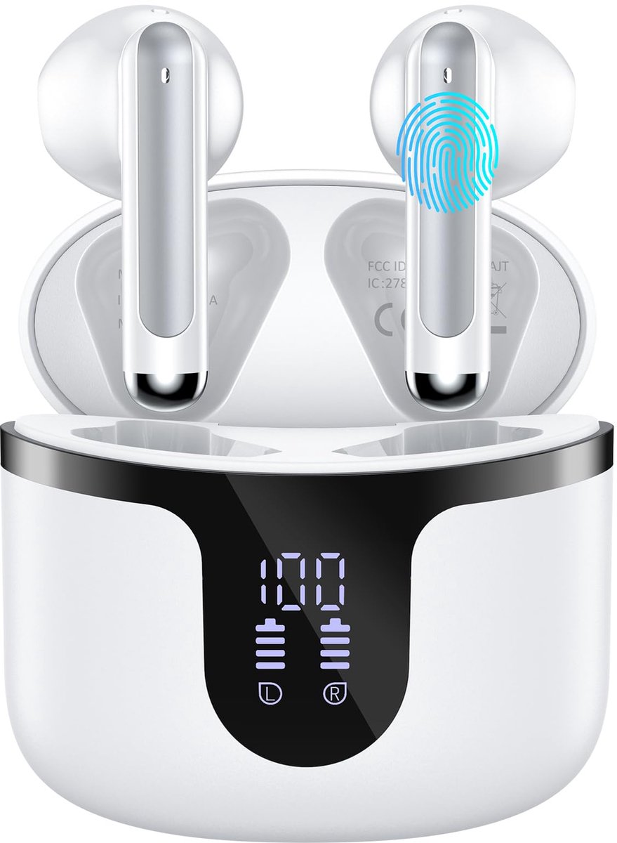 SnelShoppen - Bluetooth Hoofdtelefoon Hi-FI 5.3 Stéréo met 4 HD Microfoons, 50 Uur Speeltijd, LED Scherm, Touch Control, IP7 Waterdicht, USB-C, Wit