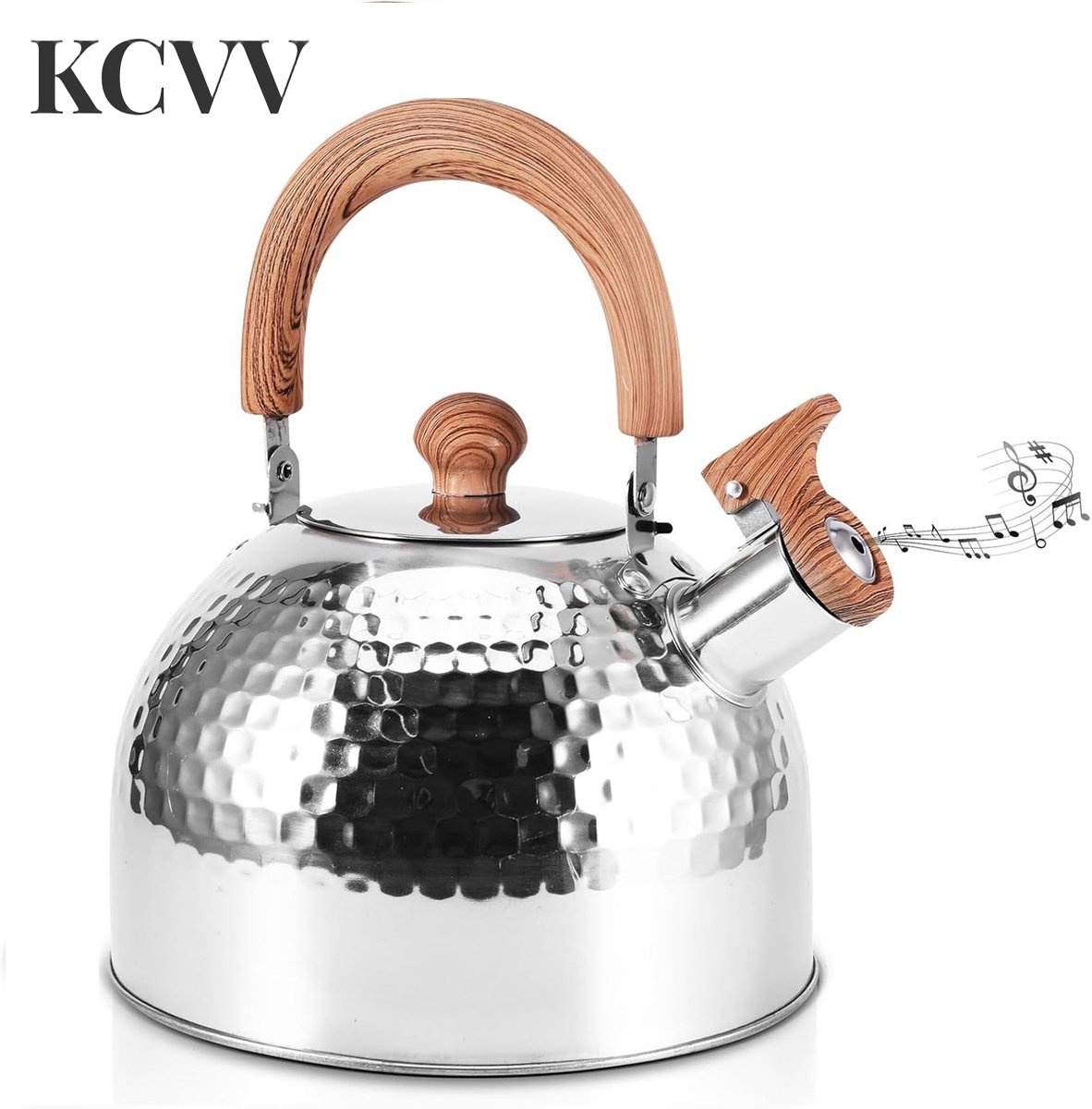 Fluitketel-fluitketel inductie-2L roestvrijstalen waterkoker met houten handvat - Gehamerde waterkoker met fluitfunctie - Draagbare elektromagnetische waterkoker - Roestvrijstalen waterkoker voor buitenkeuken - Zilver