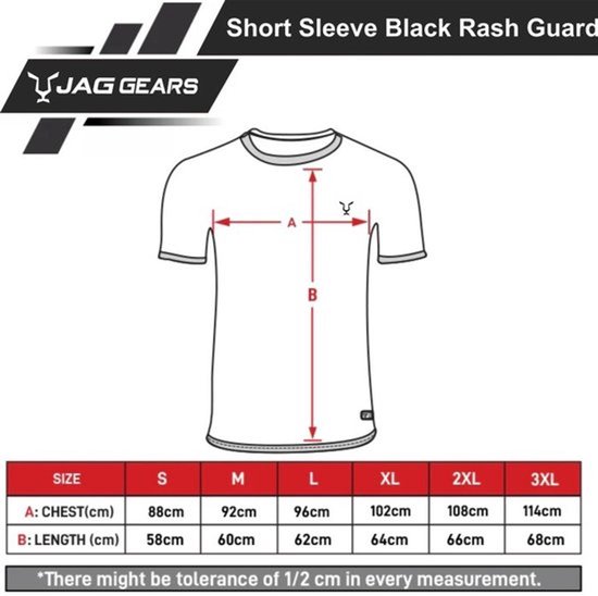 Schematische tekening van een zwart rash guard shirt met maten A (borst) en B (lengte).