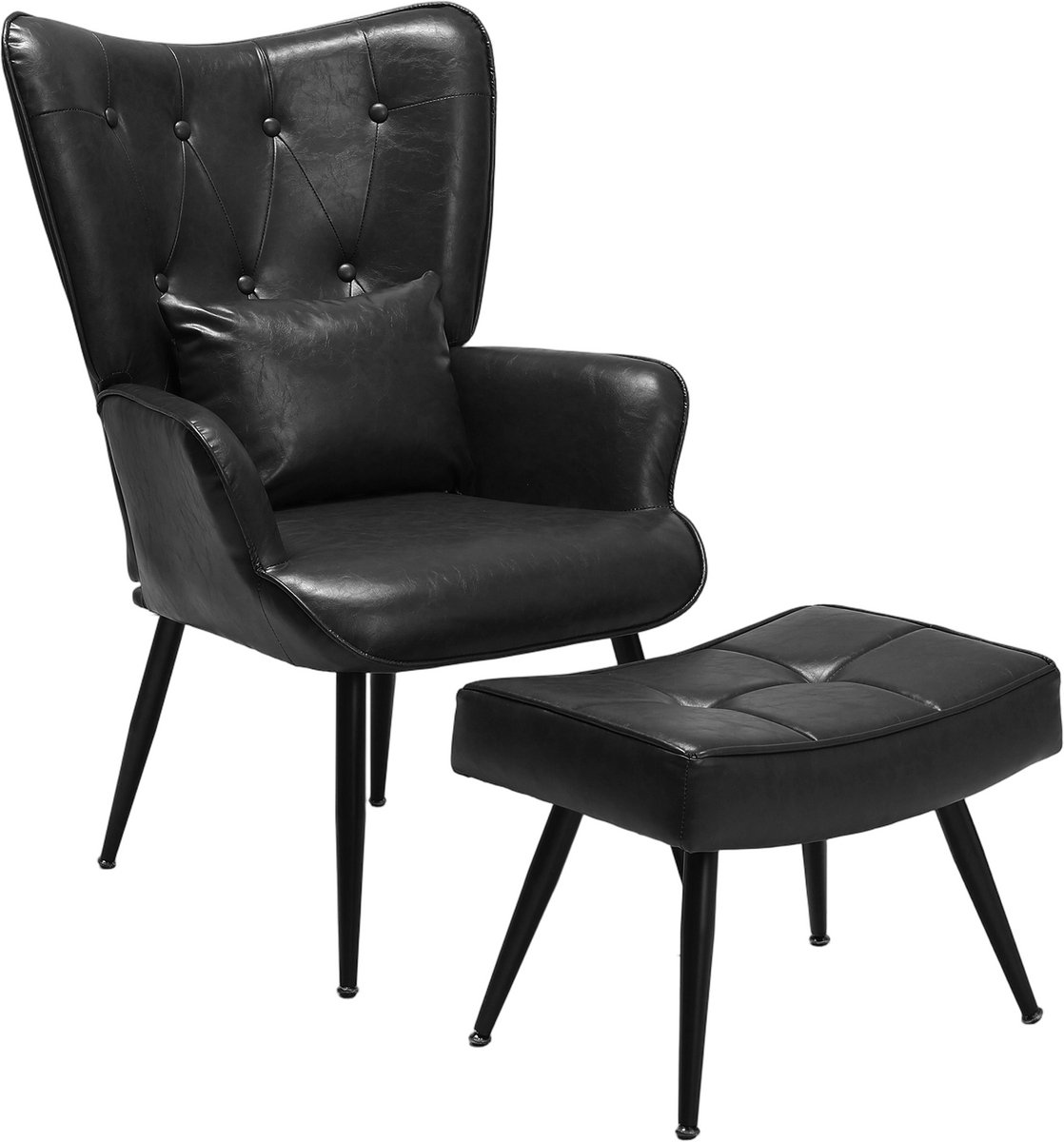 HomeMiYN Relaxfauteuil Zwart – Leren Lounge Stoel met Voetenbank, Comfortabele Relaxstoel met Hoge Rugleuning en Zachte Bekleding voor Woonkamer, Slaapkamer en Leeshoek
