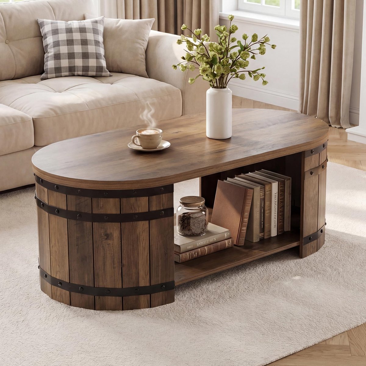 LITTLE TREE Ovale Salontafel - Centertafel - Houtlook - Rustiek bruin - Industrieel - 120 x 60 x 45 cm - Vatvormig model met dubbele opberglagen voor slaapkamer en thuiskantoor