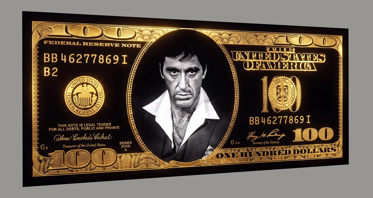 Wall Art 4 You Dibond aluminium "Scarface dollar Tony Montana gold" (mat uitstraling) afmeting 160x70cm Zwart/goud