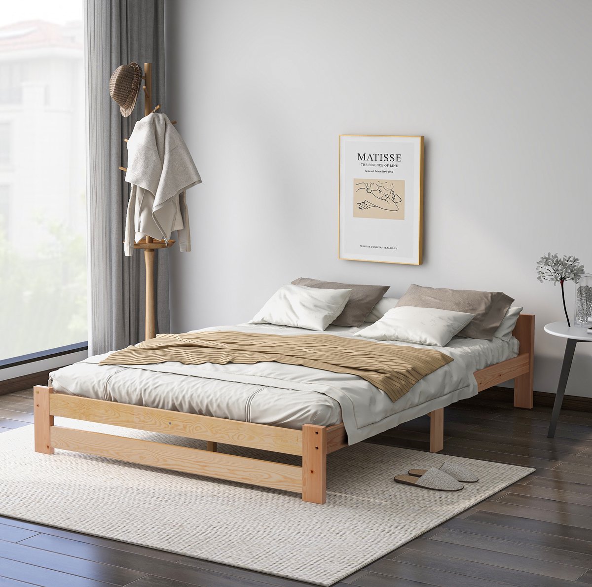 DESMIU Massief Houten Bed 140x200 cm – Met Hoofdbord En Lattenbodem – Stevig Tweepersoonsbed – Met Matras – Grenen – Naturel