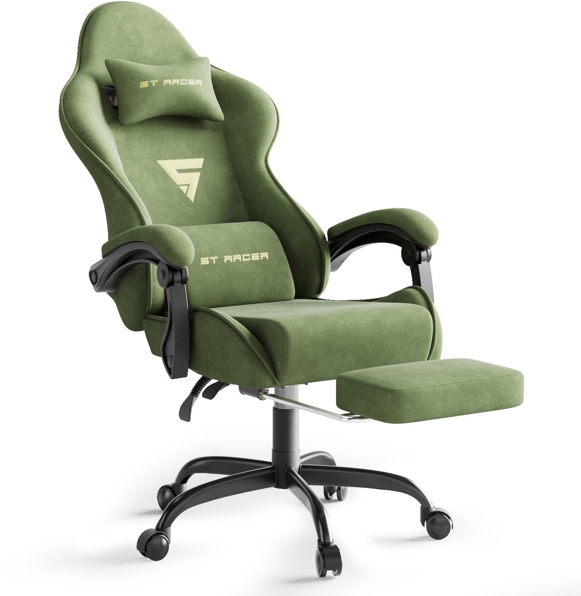 Arvioo-Gaming Stoel-Fluweel-Voetensteun-Massage Lendenkussen-Groen