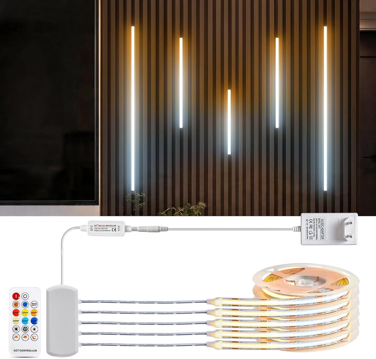 SnelShoppen - 24V 10M CCT COB LED Strips met Afstandsbediening, 5 Rollen x 2M Warme Witte 2700K en Koele Witte 6500K voor Kabinettentoonstelling, Verl