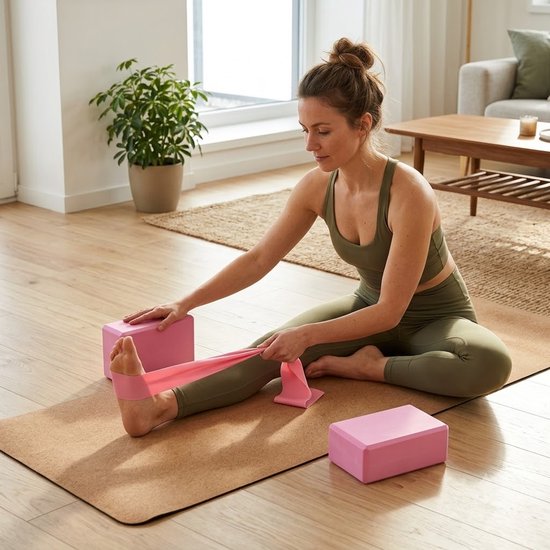 Roze Pilates blokken yoga blokken set unisex 3 delig met 2 EVA schuim yoga blokken en TPE weerstandsband fitness hulpmiddel voor yoga pilates stretching balans en mobiliteit — afbeelding 4