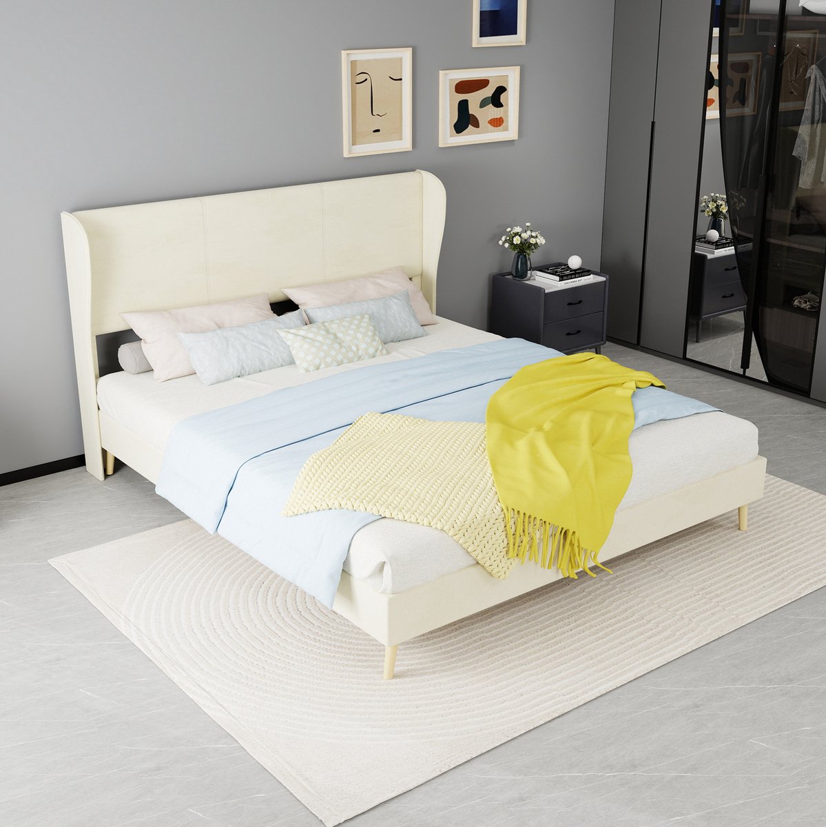 COVREO Bedframe met hoofdbord – 160x200x133 cm – Bedombouw van stof en metaal – voor slaapkamer – Beige - zonder matras