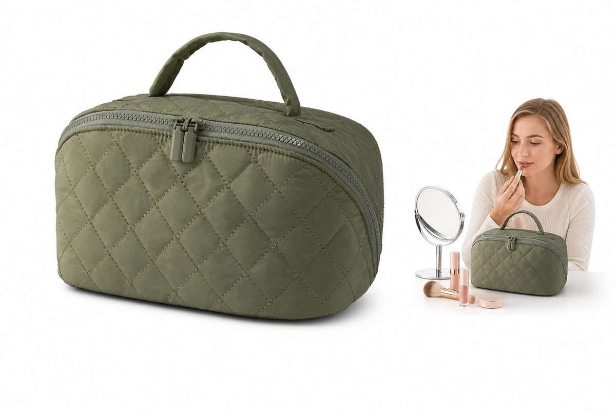 VHV - Make-uptas Dames - Waterafstotende Nylon Toilettas met 5 Vakken en 180° Opening - Groen voor Reizen