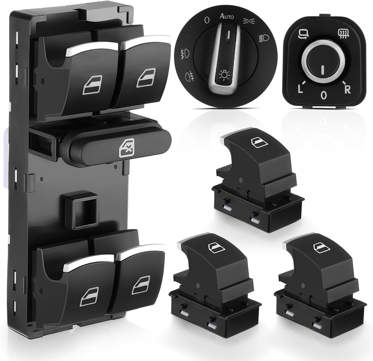 SnelShoppen - 6 Stuks Raambediening Schakelaar Koplampschakelaar Raam Spiegelschakelaar voor VW Golf 5 6 Passat Jetta Sharan Chroom 5ND959857 5ND94143