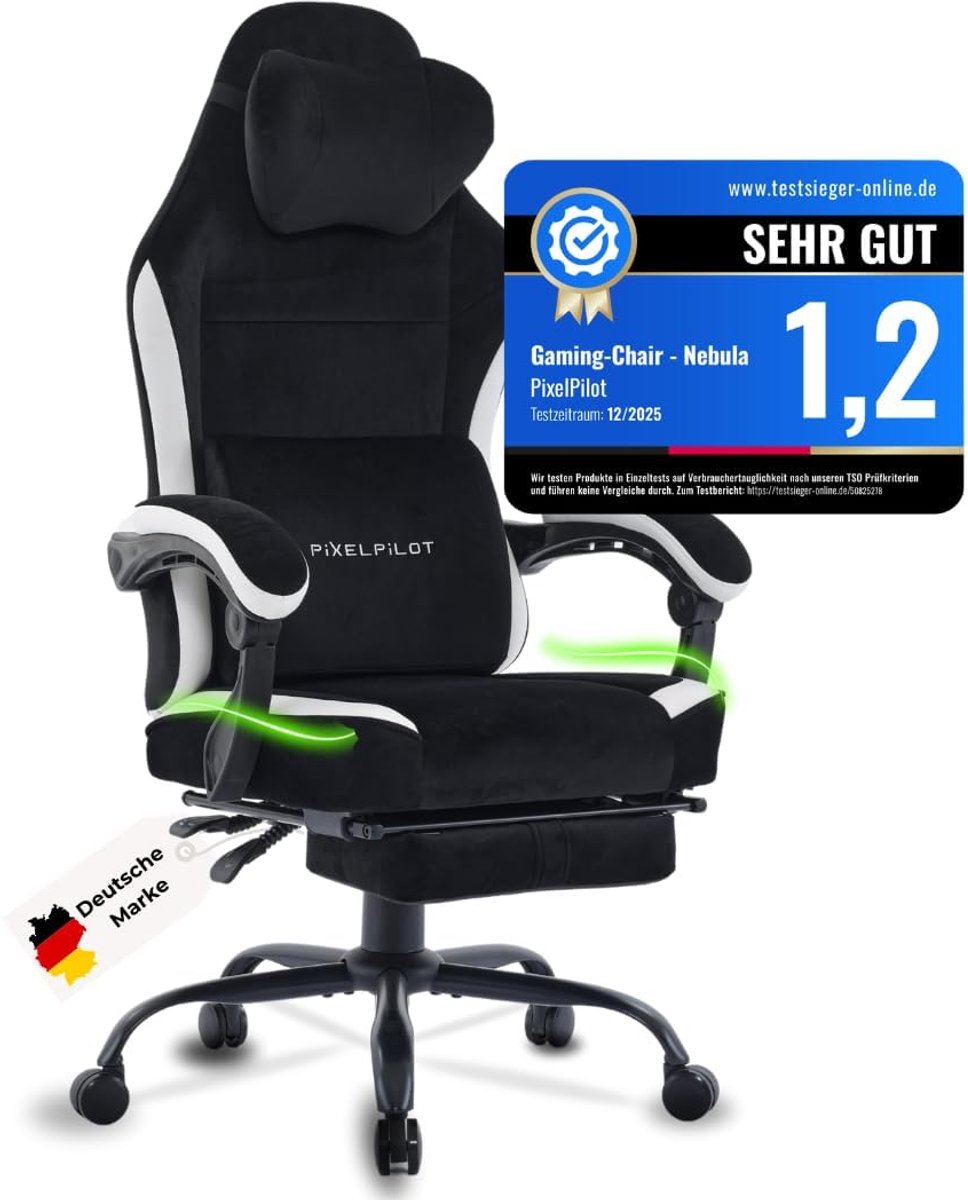 SnelShoppen - PixelPilot Gamingstoel met Voetensteun - Ergonomische Bureaustoel - Ademend Stof - Brede Zitting - Hoofd- en Lendensteun - Tot 150 kg Be