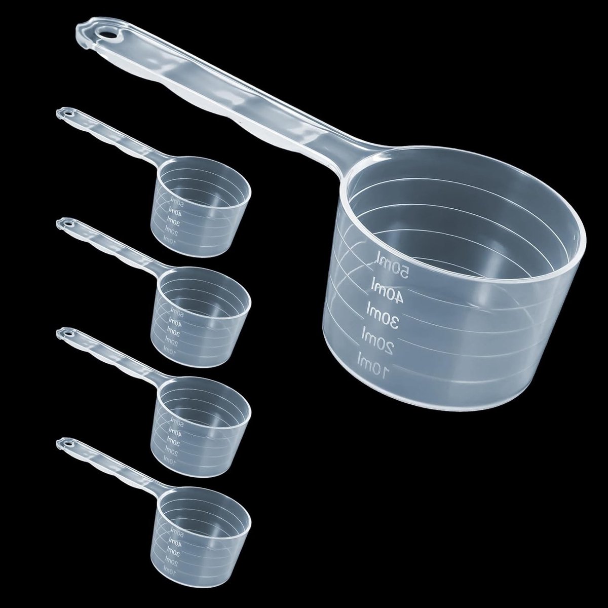 Set van 5 transparante maatlepels met schaalverdeling voor nauwkeurig afmeten van ingrediënten zoals koffie, poeder en bakmixen, 10ml tot 50ml
