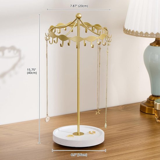 Rotating Kettinghouder met Metalen Haken, Draaiende Caroussel, Vrijstaande Organizer voor Lange Kettingen - Goudkleurig en Stijlvol Accessoire — afbeelding 4
