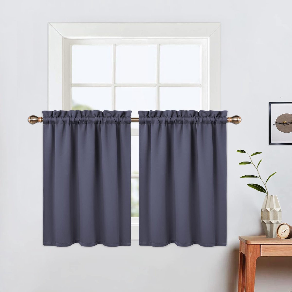 SnelShoppen - Korte gordijnen 76 cm voor badkamer, 2 panelen, lichtblokkerend, verduisterend, donkergrijs, voor kleine ramen, keuken, camper, café tie