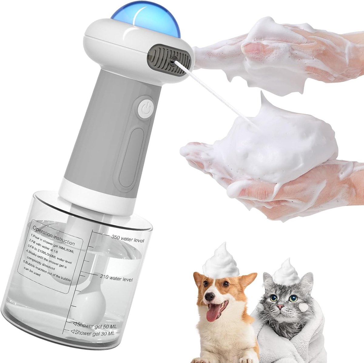 KZQ Elektrische automatische shampoodispenser voor honden en katten - Schuimend voor diepe reiniging - Geschikt voor keuken badkamer en buitengebruik - Grijs