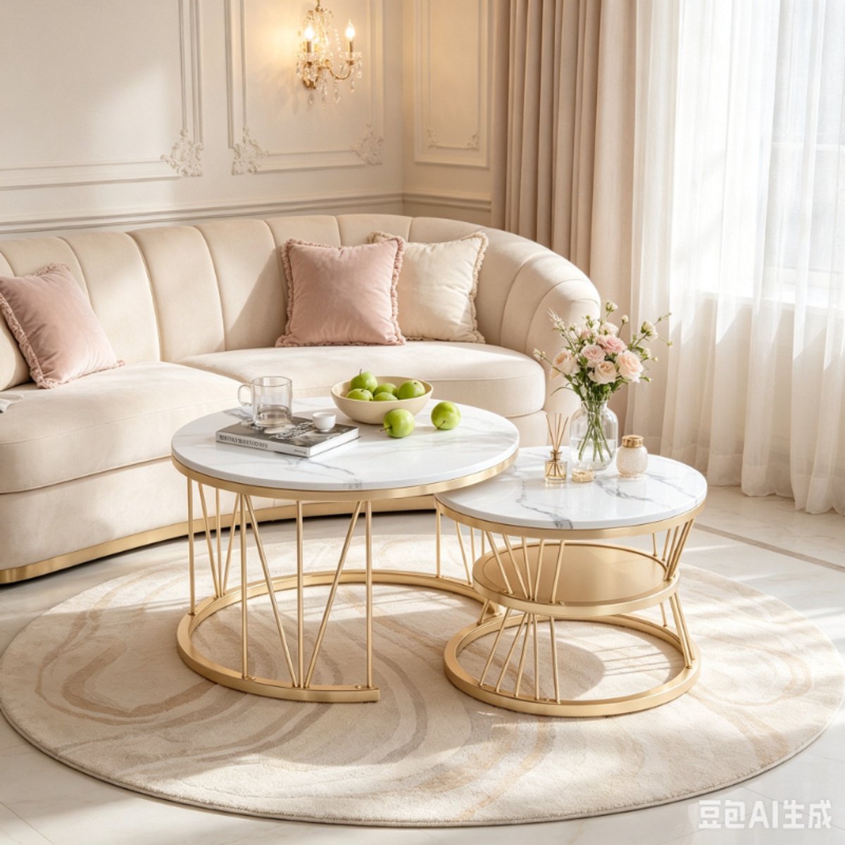 Ronde salontafel, koffietafel met v vormig metalen onderstel, marmerlook tafelblad, moderne woonkamertafel, mdf wit en goud