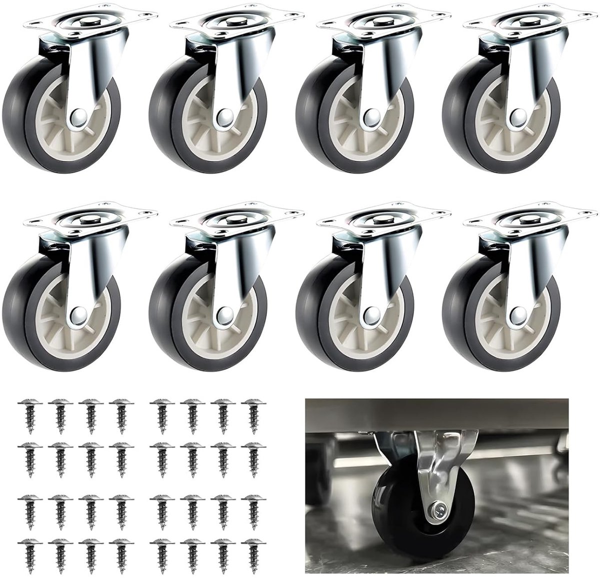Set van 8 Kleine Zwenkwielen (360° Draaibaar) voor Meubels en Opslagboxen - Inclusief Schroeven