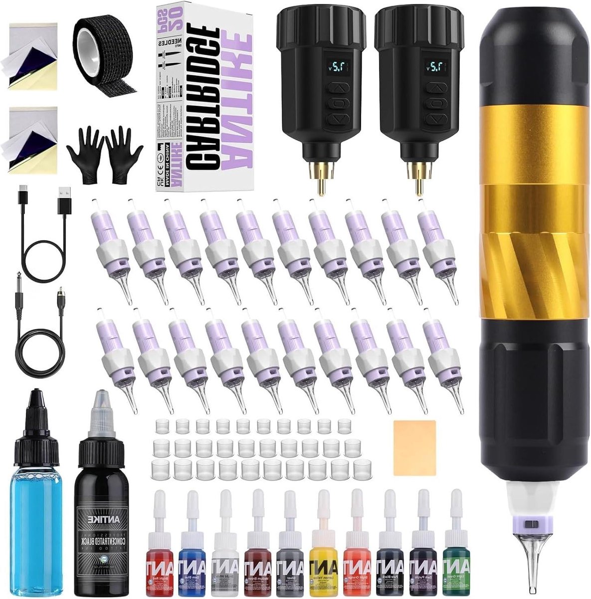 Draadloze Tattoo Machine - Artist Set - Professioneel Gebruik - Lichtgewicht Aluminium - 2x 1500mAh Batterijen - Zwart