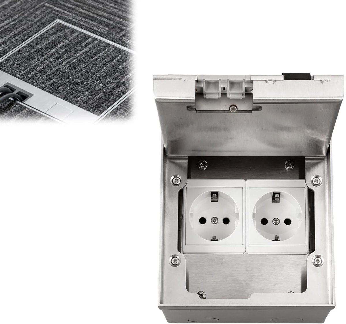 Vloerdoos met 2 EU-stopcontacten, 16 A, AC 250 V, RVS, Waterdichte Inbouwdoos voor Keuken, Woonkamer en Kantoor