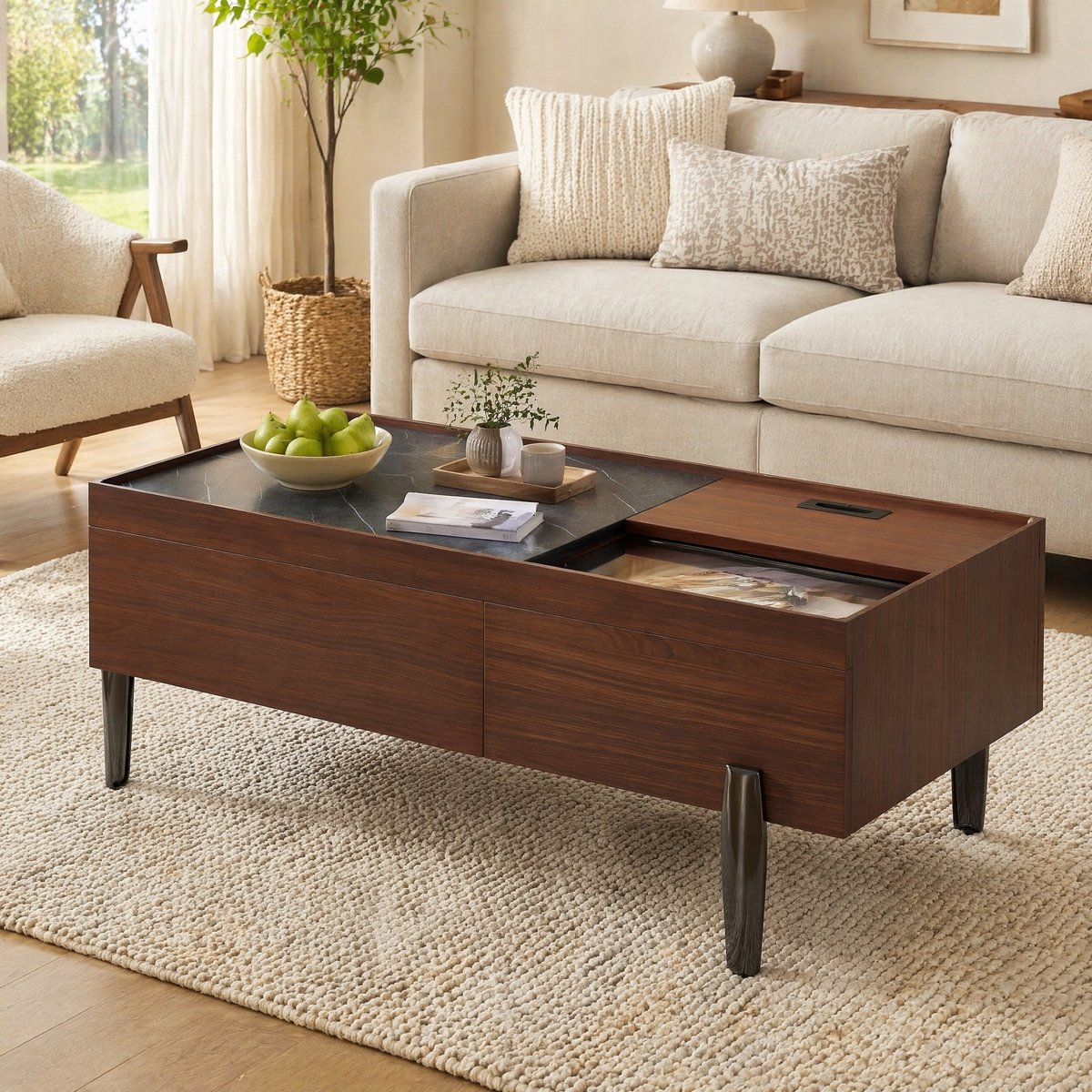 DESMIU Salontafel - Met Schuifdeksel, Lades En Glasplaat - Voor Woonkamer En Opbergruimte - MDF - 105x50x41,5 Cm - Bruin Donkergrijs