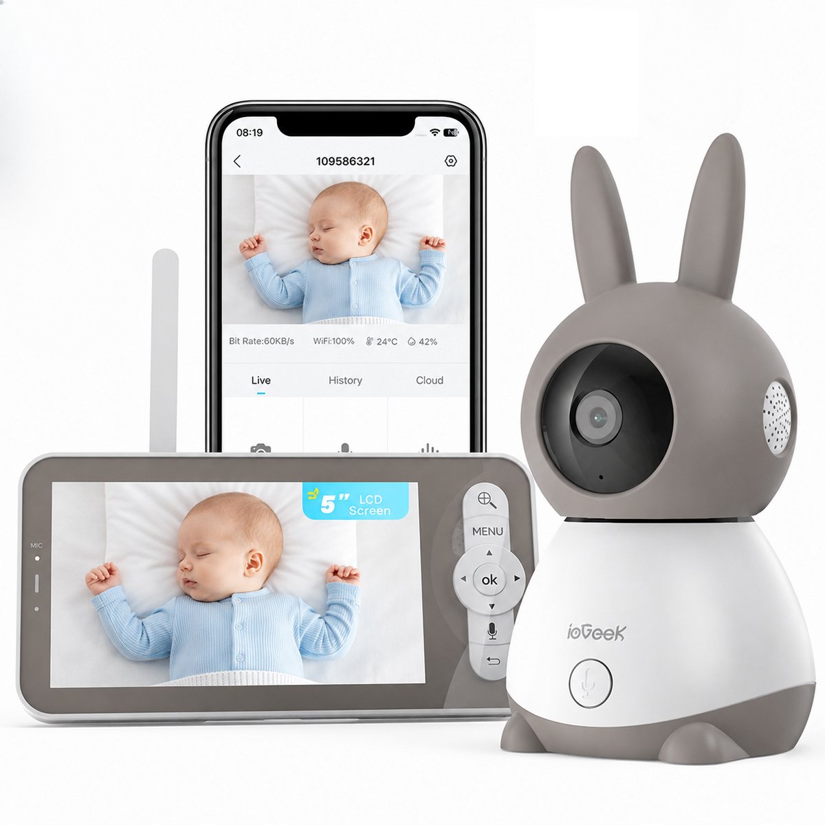 ieGeek 2K HD Babyfoon met Camera - 2K HD Camera – 360°Pan & Tilt - 5 inch Scherm Babyfoon met App – Nachtzicht – Huil- en Bewegingsdetectie – Tweeweg Audio – VOX