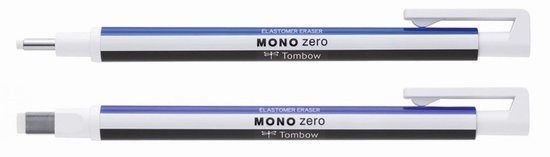 Twee Tombow MONO zero intrekbare gumhouders, een met ronde gum, beide met blauwe en zwarte accenten.