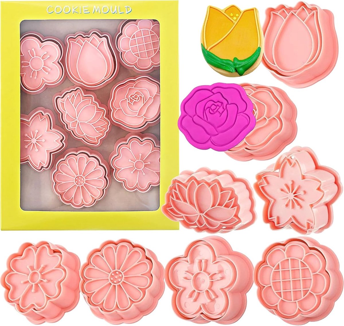 8-delige bloemen uitstekerset voor 3D koekjes - Plastic koekjesvormen voor fondant en bakken, ideaal voor verjaardagsfeesten en DIY-projecten