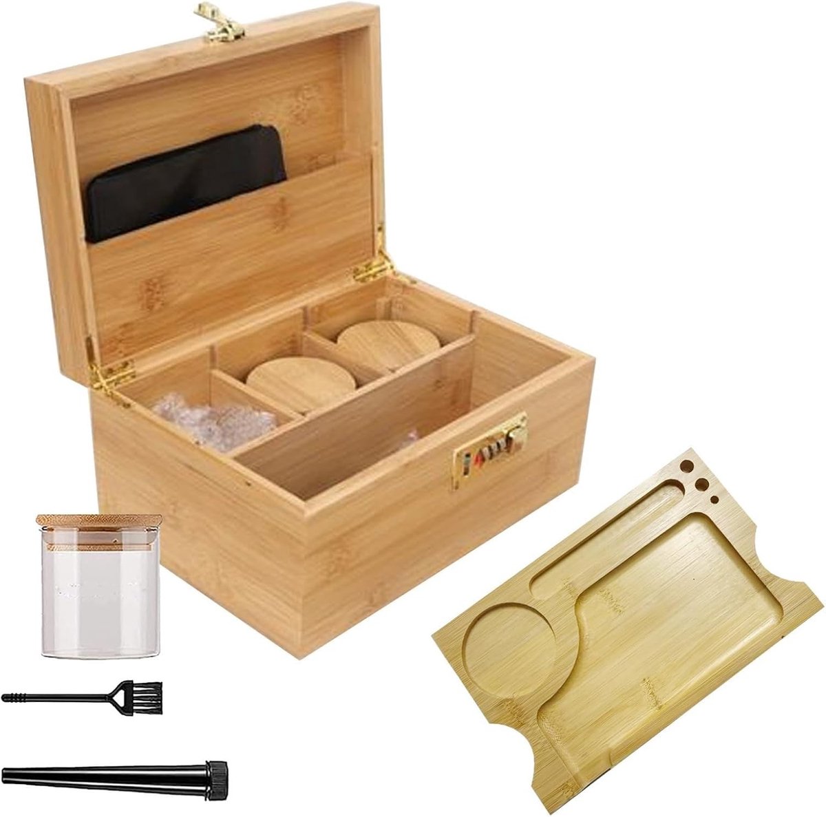 Grote Bamboe Opbergdoos met Combinatieslot, Koffer Set voor Kruid en Accessoires, Decoratieve Houten Box met Glazen Container en Tray, Perfect Cadeau voor Mannen (26 x 18 x 13 cm)