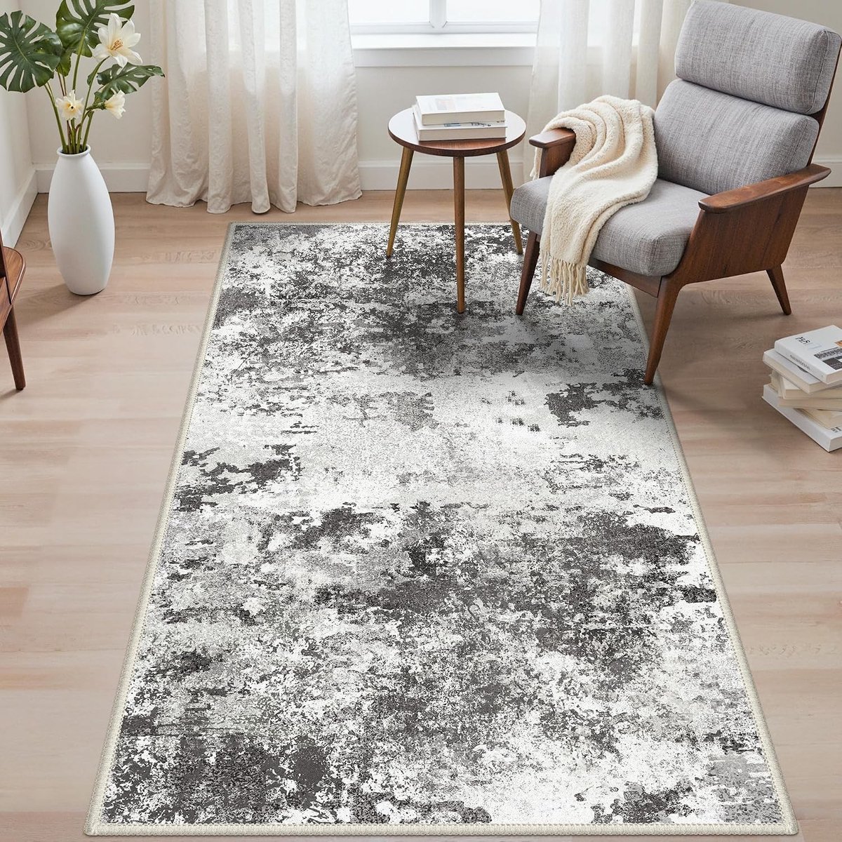Wasbaar tapijt in bonte mix, 80 x 150 cm, modern en abstract ontwerp, antislip, kortpolig en zacht voor woonkamer, slaapkamer en kantoor, Antracietgrijs