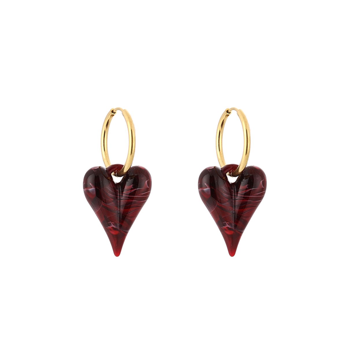 Stainless Steel Marbled Resinous Heart Charm Hoops – Luxe Gemarmerd Resin Hart Oorringen – RVS - Bordeaux
