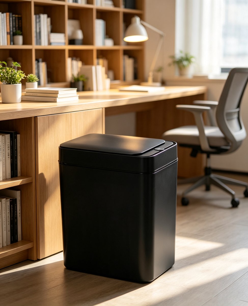 Zwarte slimme prullenbak met sensor 16 liter contactloos automatisch openen en sluiten één bedieningsmodus smal kunststof ontwerp geschikt voor badkamers woonkamers slaapkamers keukens en kantoren Afmetingen 25*16,5*30,5 cm