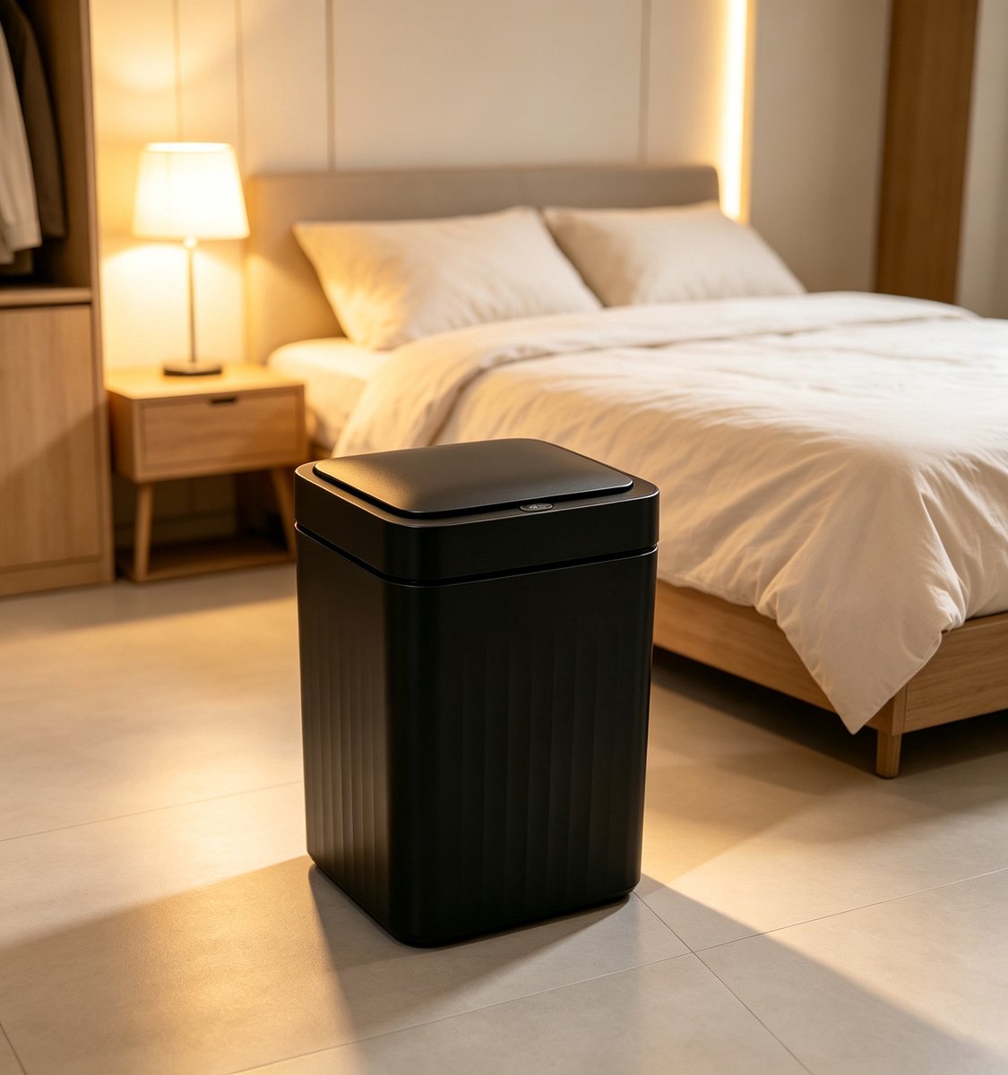 Zwarte slimme prullenbak met sensor 16 liter contactloos automatisch deksel drie bedieningsstanden smal kunststof ontwerp geschikt voor badkamers woonkamers slaapkamers keukens en kantoren Afmetingen 25*16,5*30,5 cm