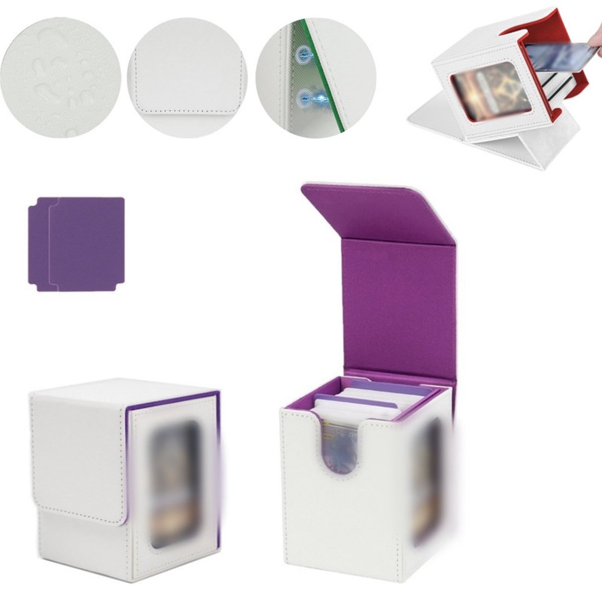 Kaartenopbergdoos – Magnetische TCG-displaydoos – Geschikt voor 100 kaarten met dubbele sleeves – Verticale deckbox van PU-leer – Verzameldoos met kijkvenster – 8,5 x 9,5 x 11,2 cm