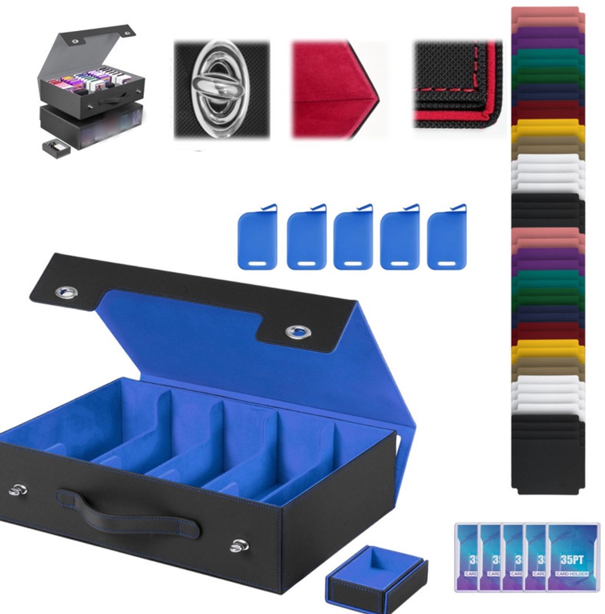 Kaartenopbergdoos met 5 rijen + 48 verdelers + 5 sluitingen + 5 kaarthoezen – Met handvat – Geschikt voor meer dan 3.900 ruilkaarten – Commander-deckbox – Geschikt voor toploaders – Opbergdoos voor kaartencollecties – Kaartenetui van PU-leer